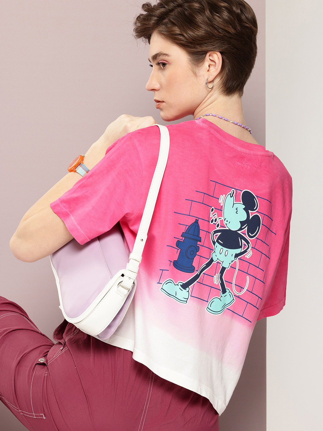 

Kook N Keech Disney Printed Drop-Shoulder Sleeves Pure Cotton Oversized Ombre T-shirt, Pink