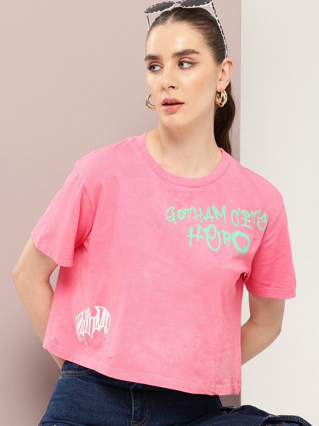 

Kook N Keech Batman Printed Washed Effect Boxy Pure Cotton Crop T-shirt, Pink