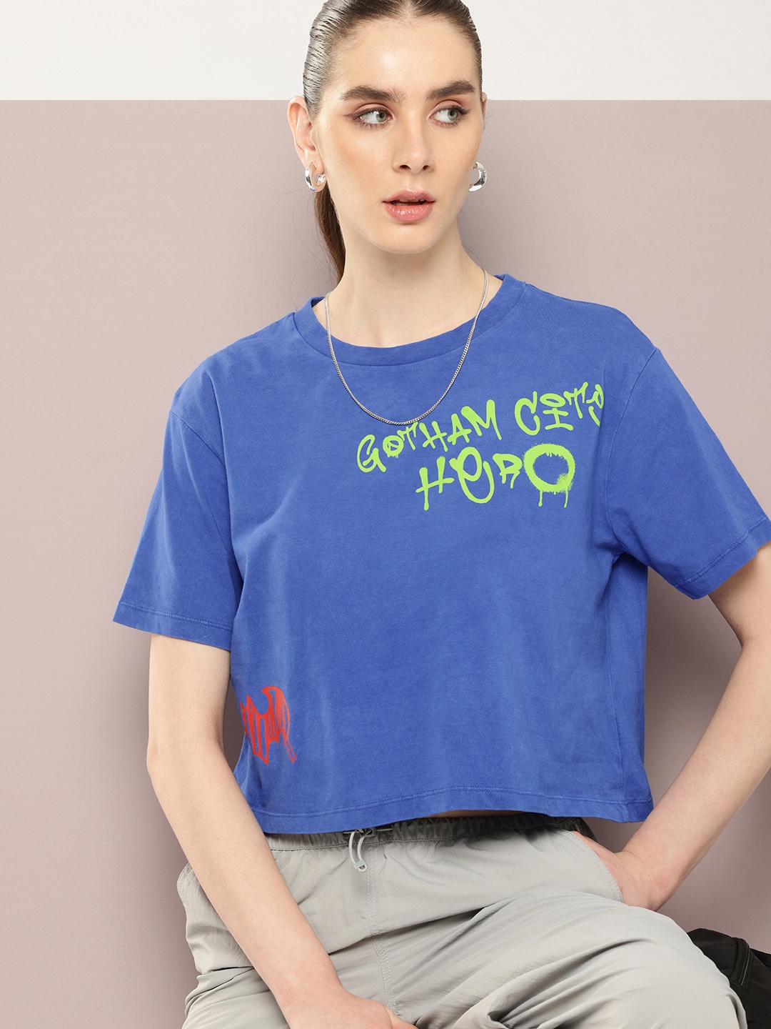 

Kook N Keech Batman Printed Washed Effect Boxy Pure Cotton Crop T-shirt, Blue