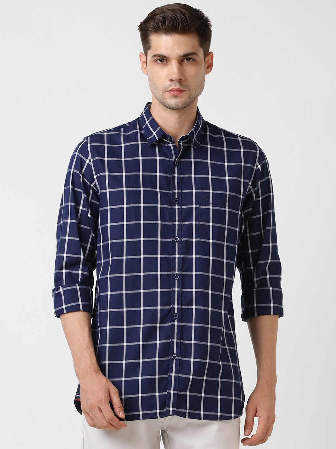 

Peter England Casuals Spread Collar Slim Fit Windowpane Checks Opaque Casual Shirt, Navy blue