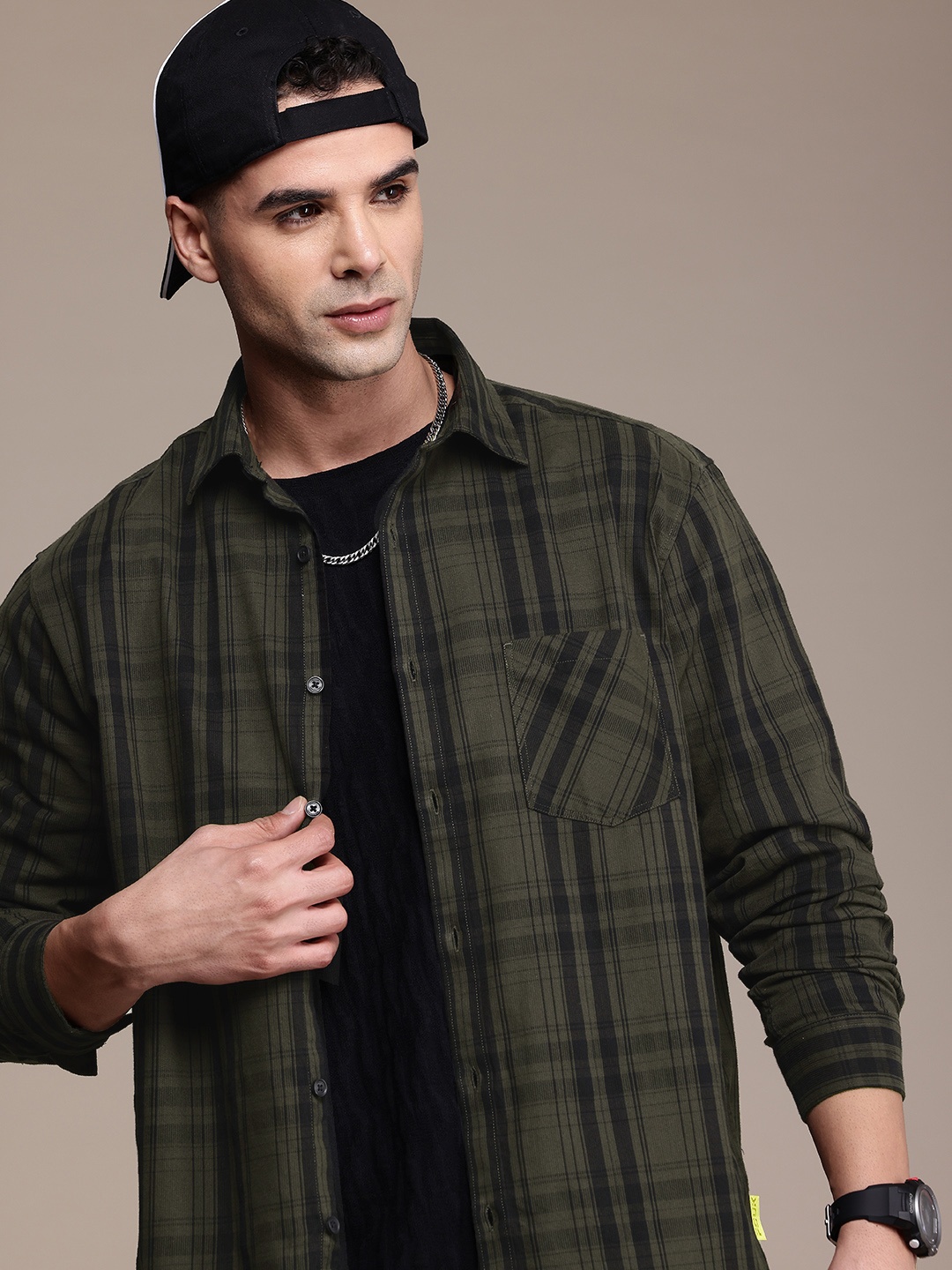 

FCUK Tartan Checked Relaxed Fit Pure Cotton Casual Shirt, Olive