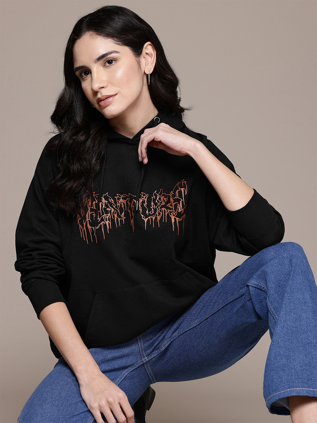 

Roadster The Life Co. Graphic Printed Hooded Longline Sweatshirt, Black