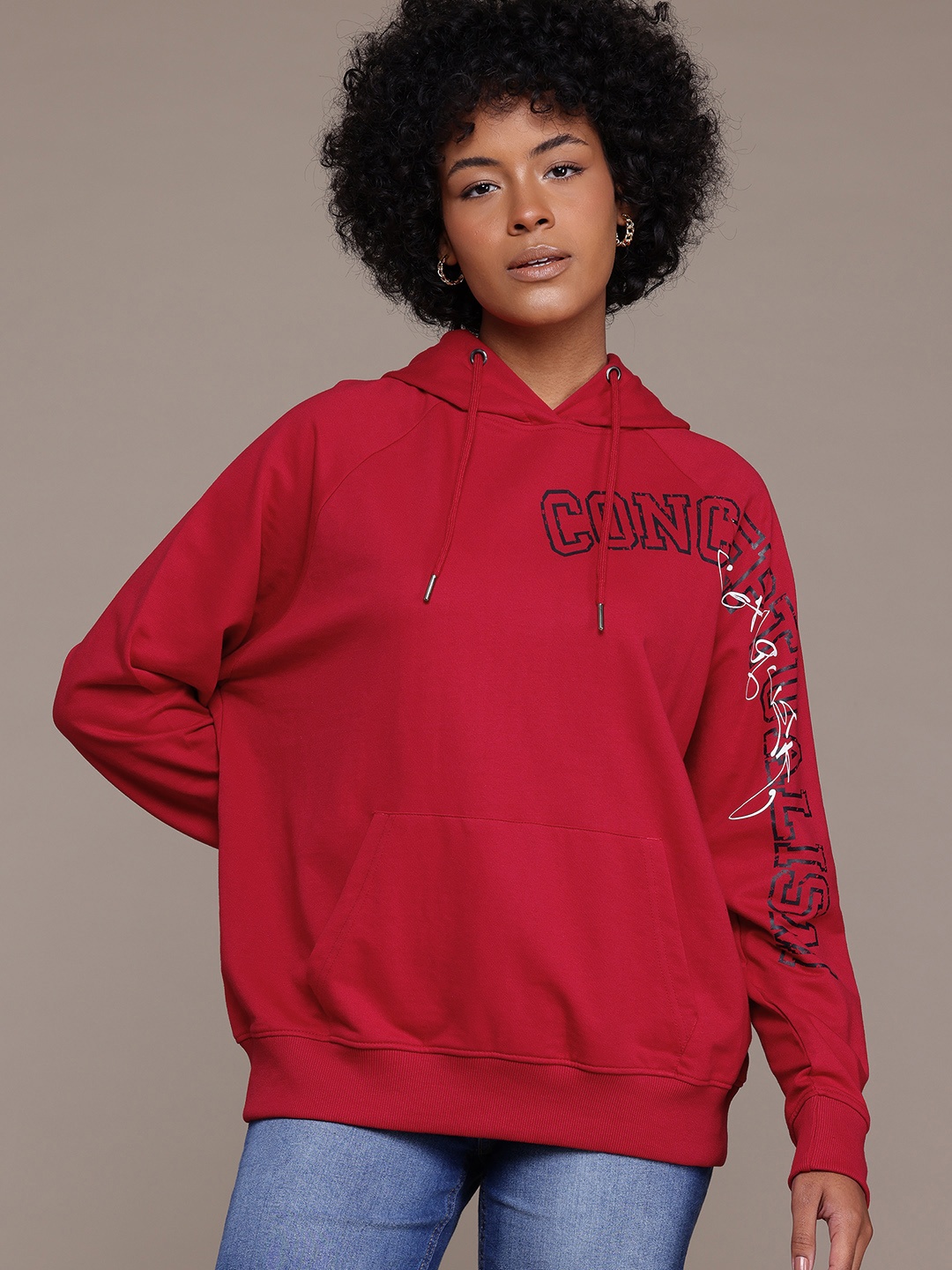 

The Roadster Lifestyle Co. Women Printed Hooded Longline Sweatshirt, Red