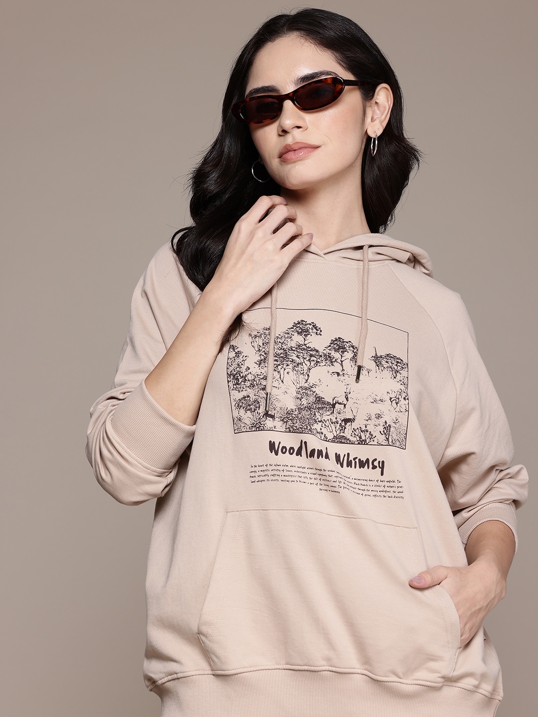 

Roadster The Life Co. Graphic Printed Hooded Longline Sweatshirt, Beige