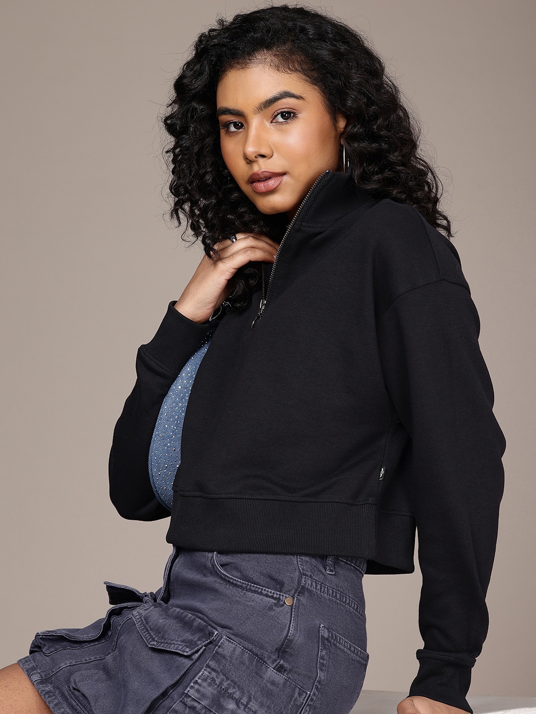 

The Roadster Life Co. Half Zipper Relaxed Fit Crop Pullover Sweatshirt, Black