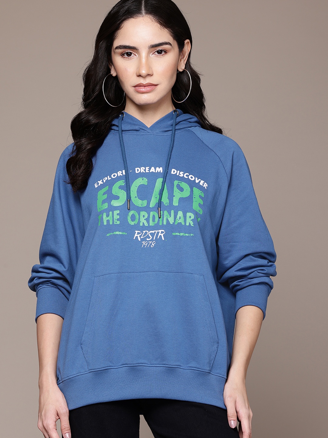 

The Roadster Lifestyle Co. Drop-Shoulder Printed Oversized Hooded Sweatshirt, Blue