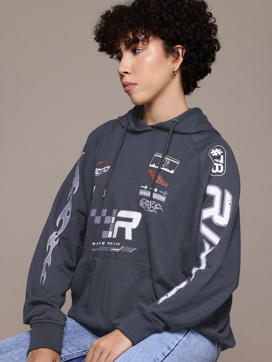 

The Roadster Lifestyle Co. Printed Hooded Longline Sweatshirt, Grey
