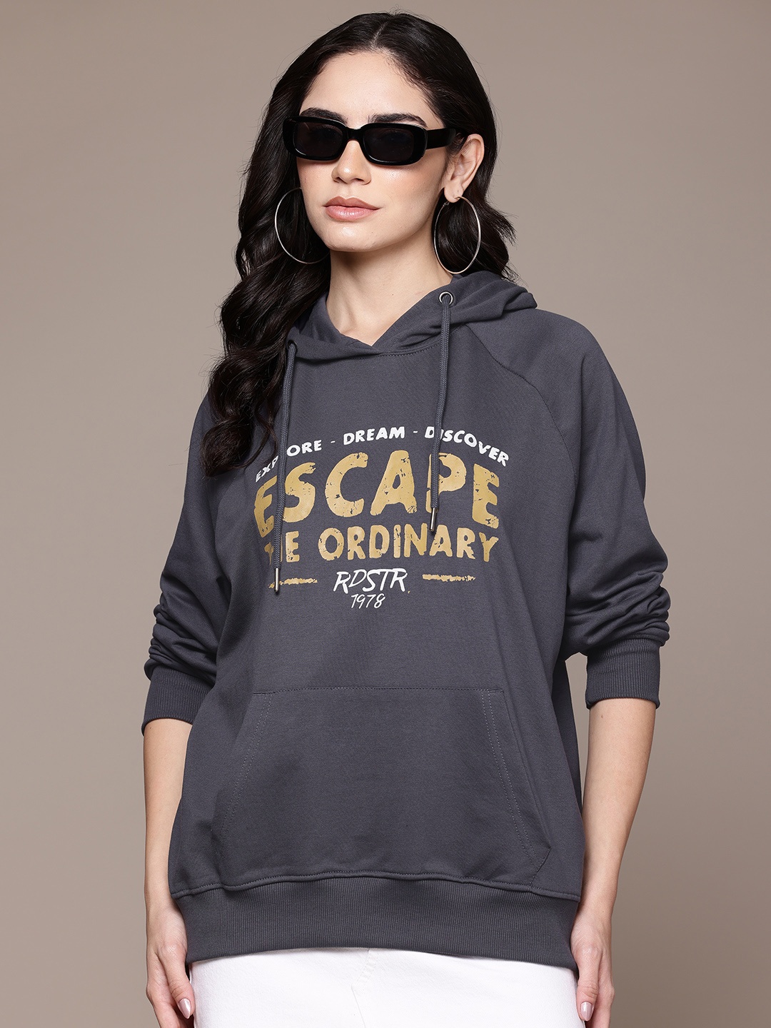 

The Roadster Lifestyle Co. Drop-Shoulder Printed Oversized Hooded Sweatshirt, Charcoal