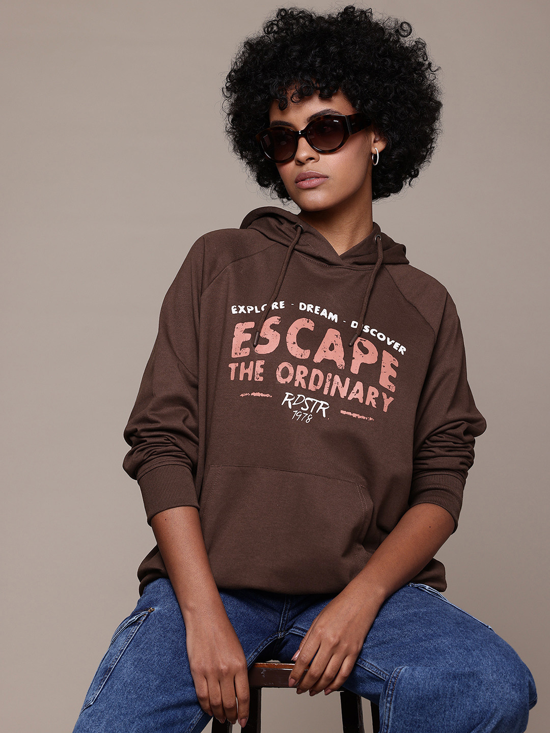 

The Roadster Lifestyle Co. Printed Oversized Hooded Sweatshirt, Brown