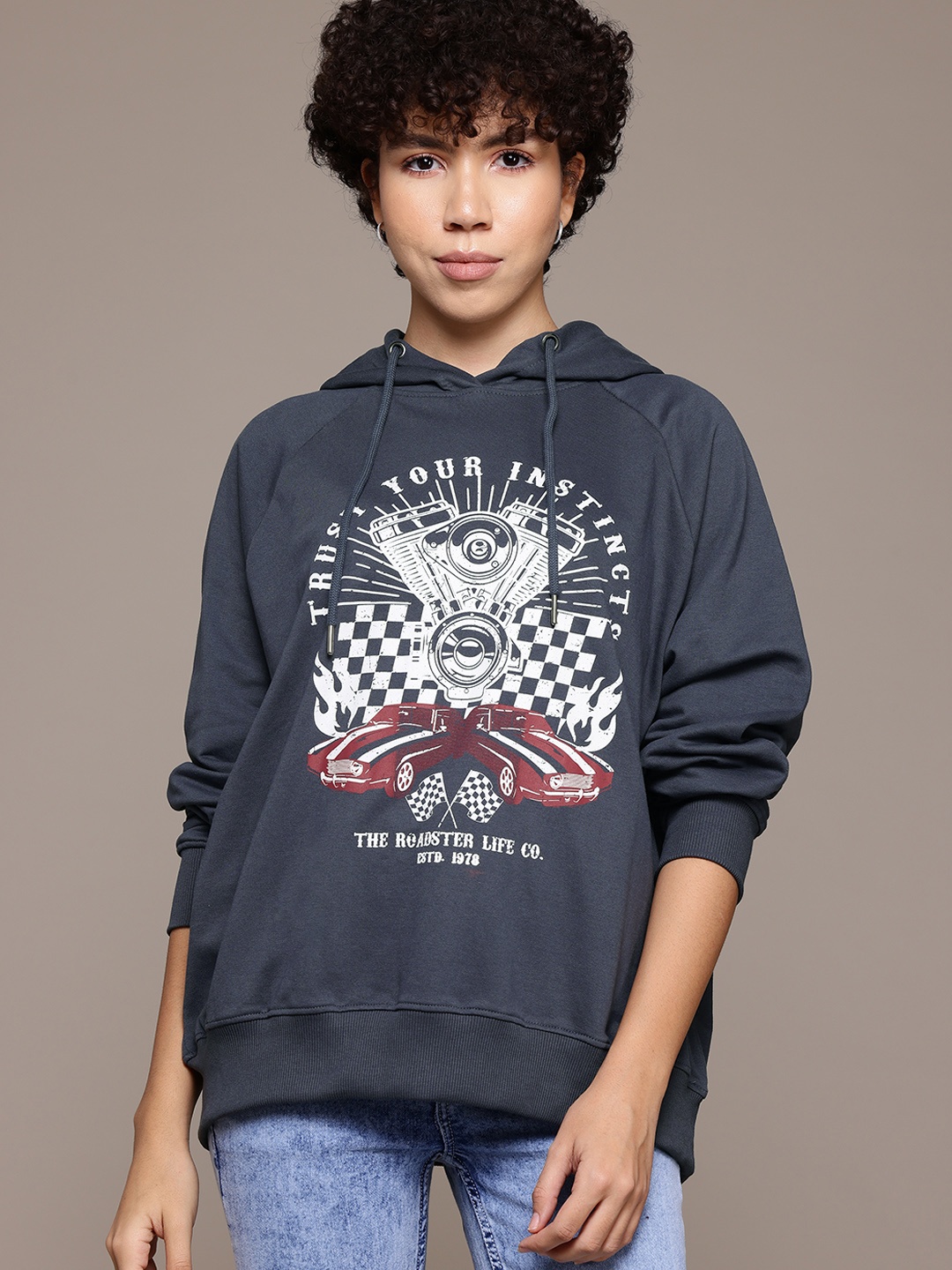 

The Roadster Lifestyle Co. Printed Hooded Longline Sweatshirt, Grey