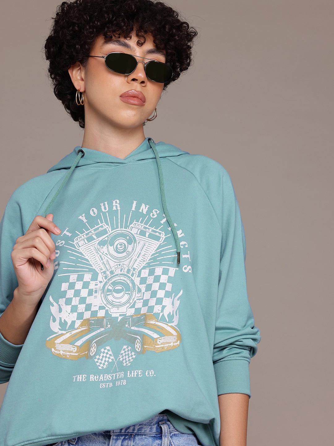 

The Roadster Lifestyle Co. Pure Cotton Graphic Print Hooded Sweatshirt, Teal