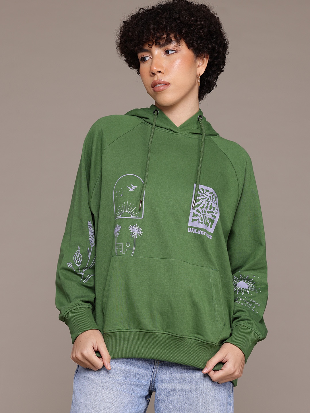 

The Roadster Lifestyle Co. Printed Long Sleeves Hooded Sweatshirt, Green