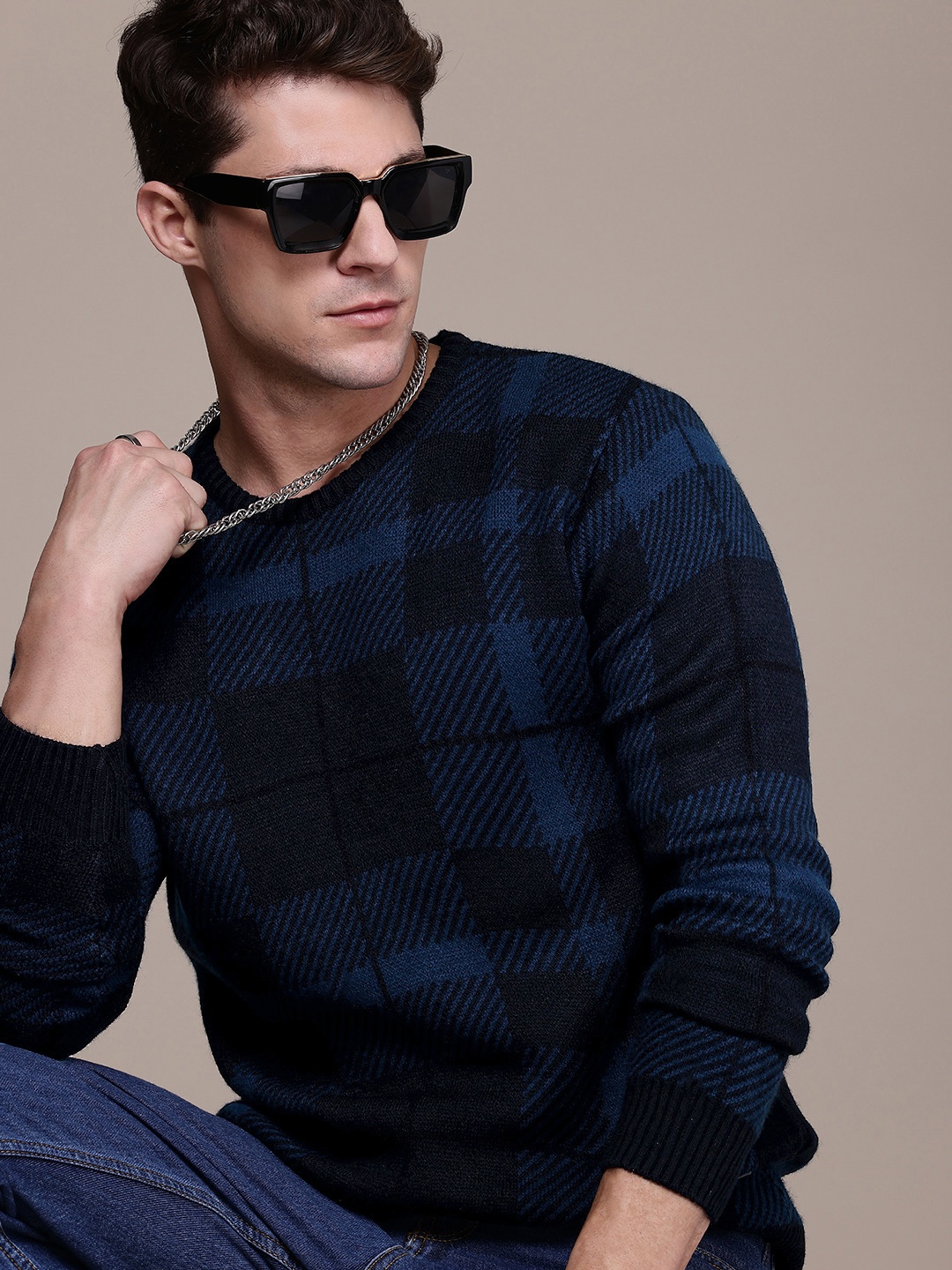 

The Roadster Life Co. Checked Pure Acrylic Pullover, Navy blue