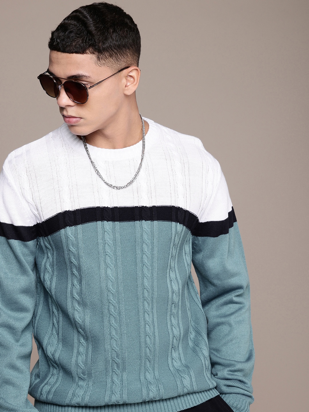 

The Roadster Life Co. Colourblocked Pullover Sweater, Turquoise blue