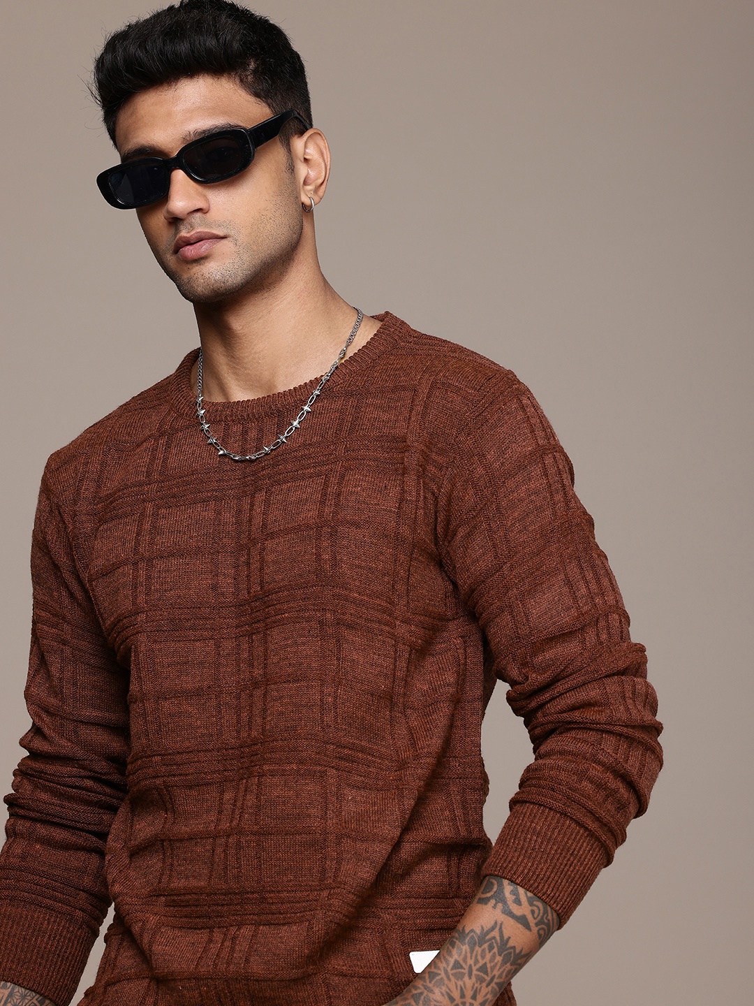 

The Roadster Life Co. Self Design Textured Pullover Sweater, Brown