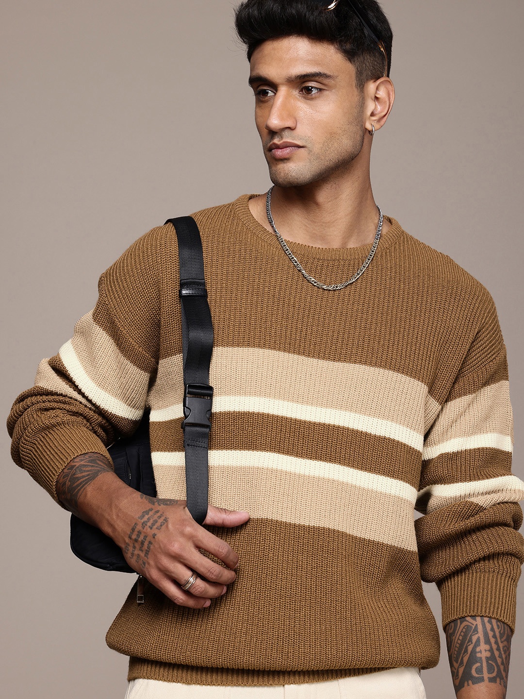 

The Roadster Life Co. Striped Cable Knit Pullover Sweater, Brown
