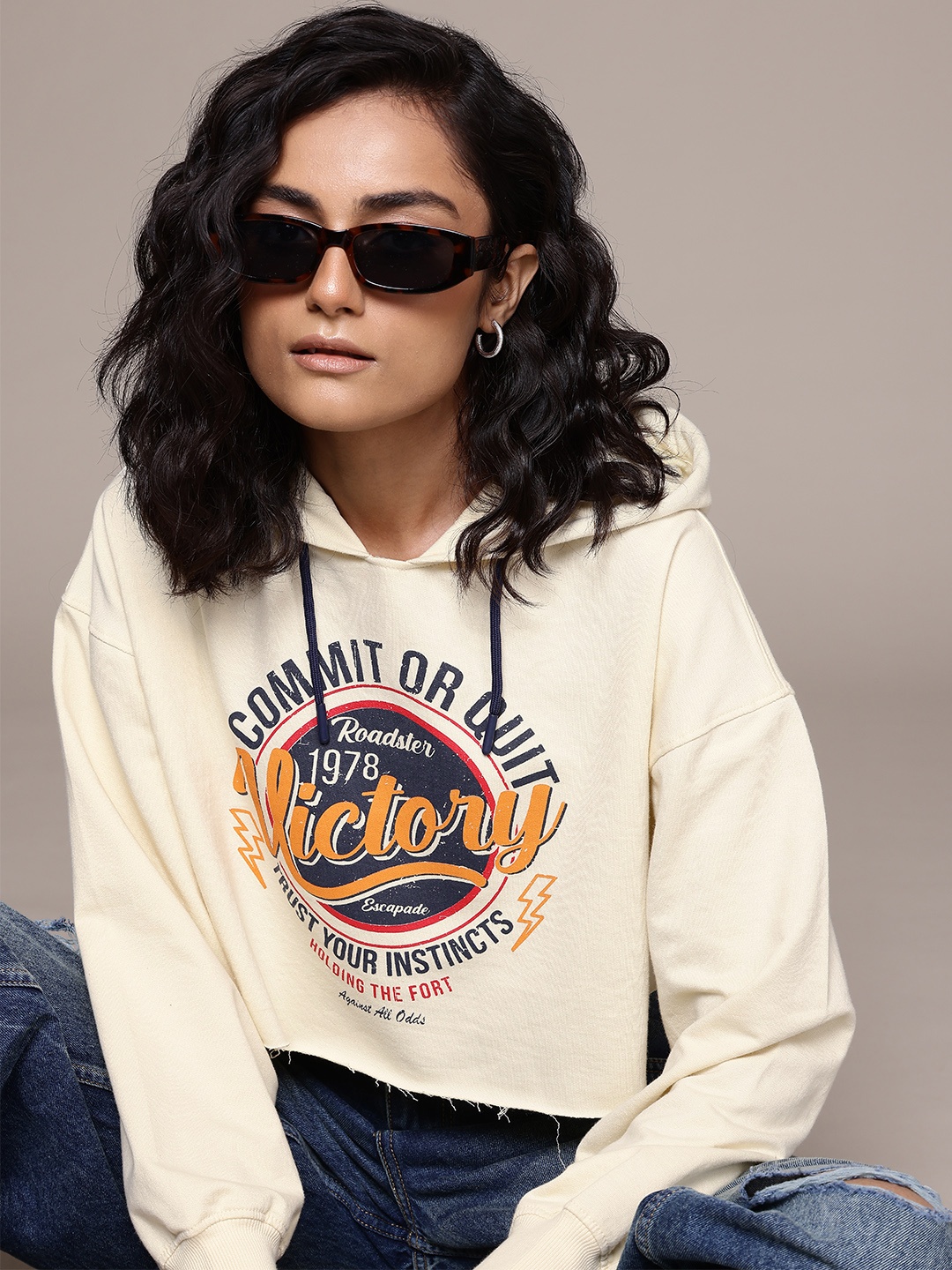 

The Roadster Lifestyle Co. Printed Hooded Crop Sweatshirt, Cream
