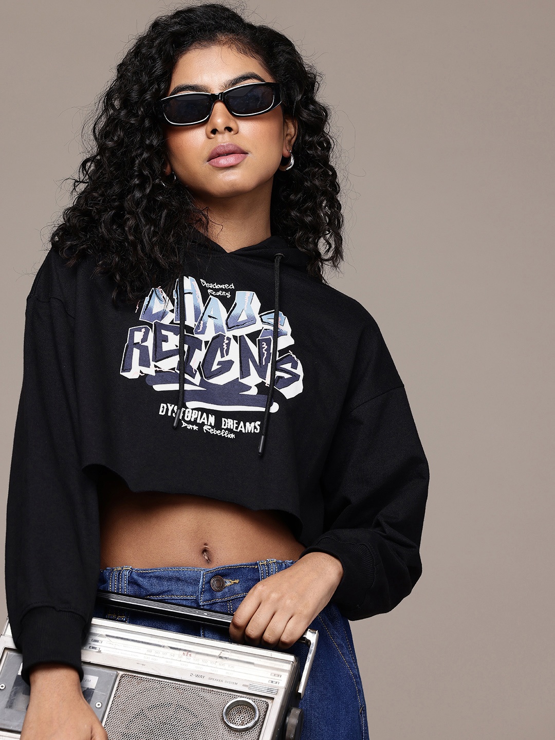 

The Roadster Life Co. Printed Hooded Boxy Fit Crop Sweatshirt, Black