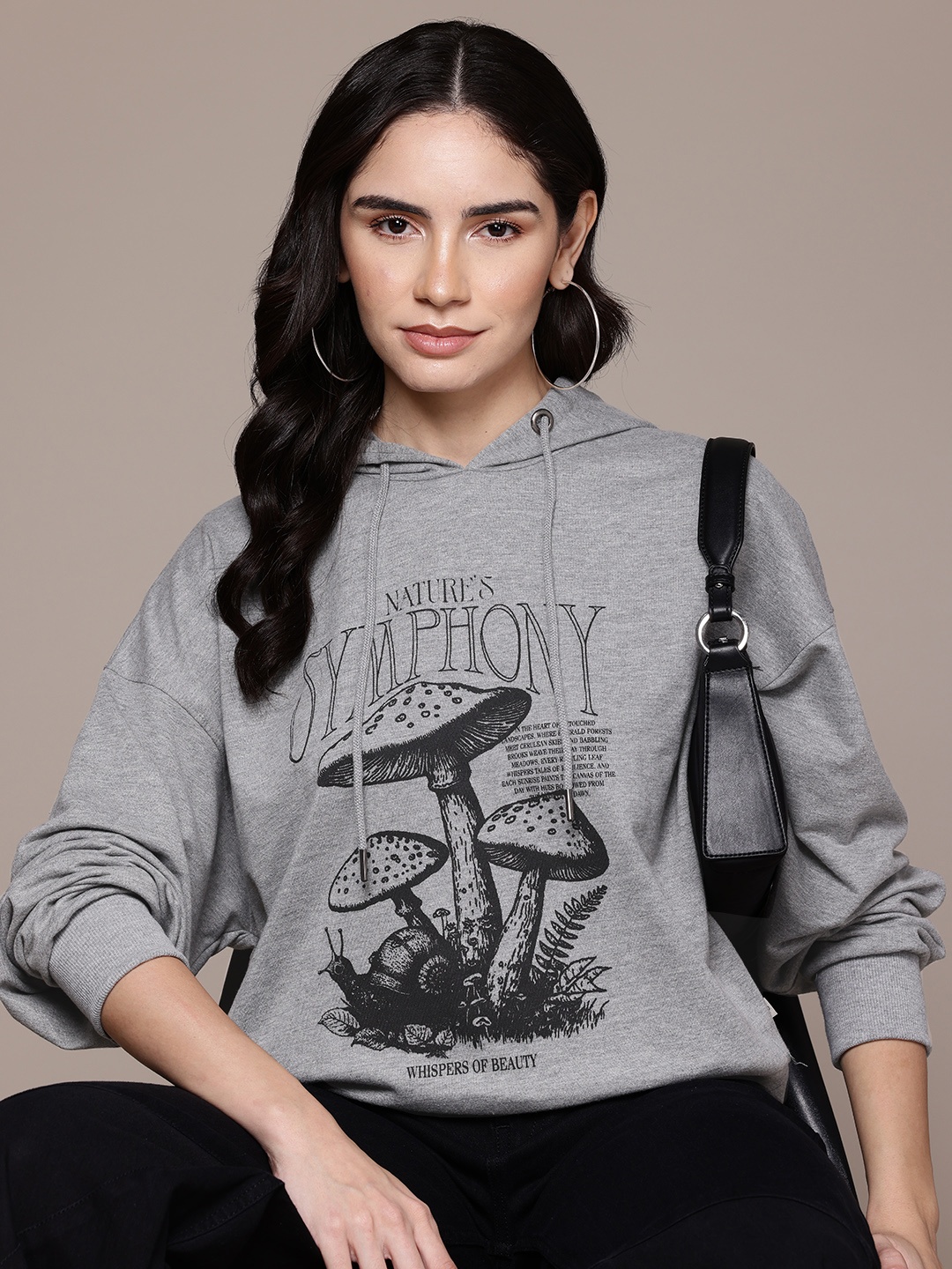 

The Roadster Lifestyle Co. Drop-Shoulder Printed Oversized Hooded Sweatshirt, Grey melange