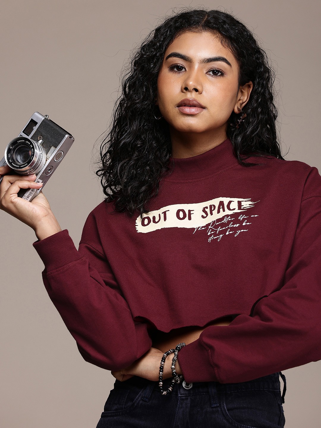 

The Roadster Life Co. Printed Relaxed Fit Hooded Crop Sweatshirt, Burgundy