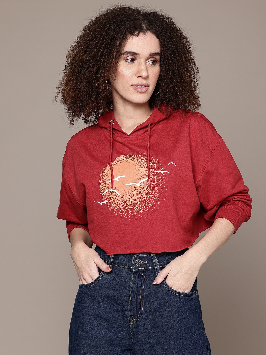 

The Roadster Lifestyle Co. Printed Hooded Cropped Sweatshirt, Red