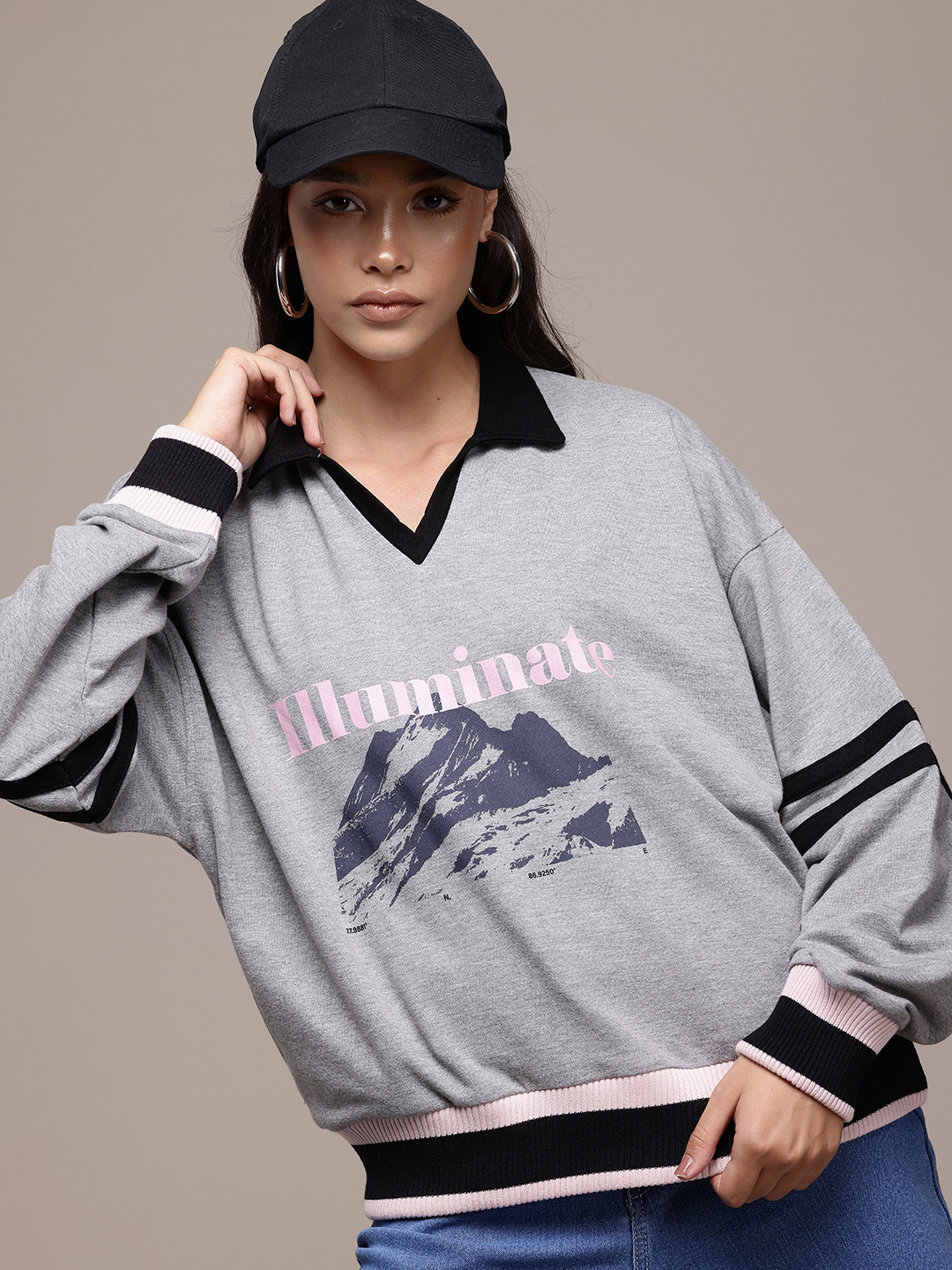 

The Roadster Lifestyle Co. Shirt Collar Printed Sweatshirt, Grey