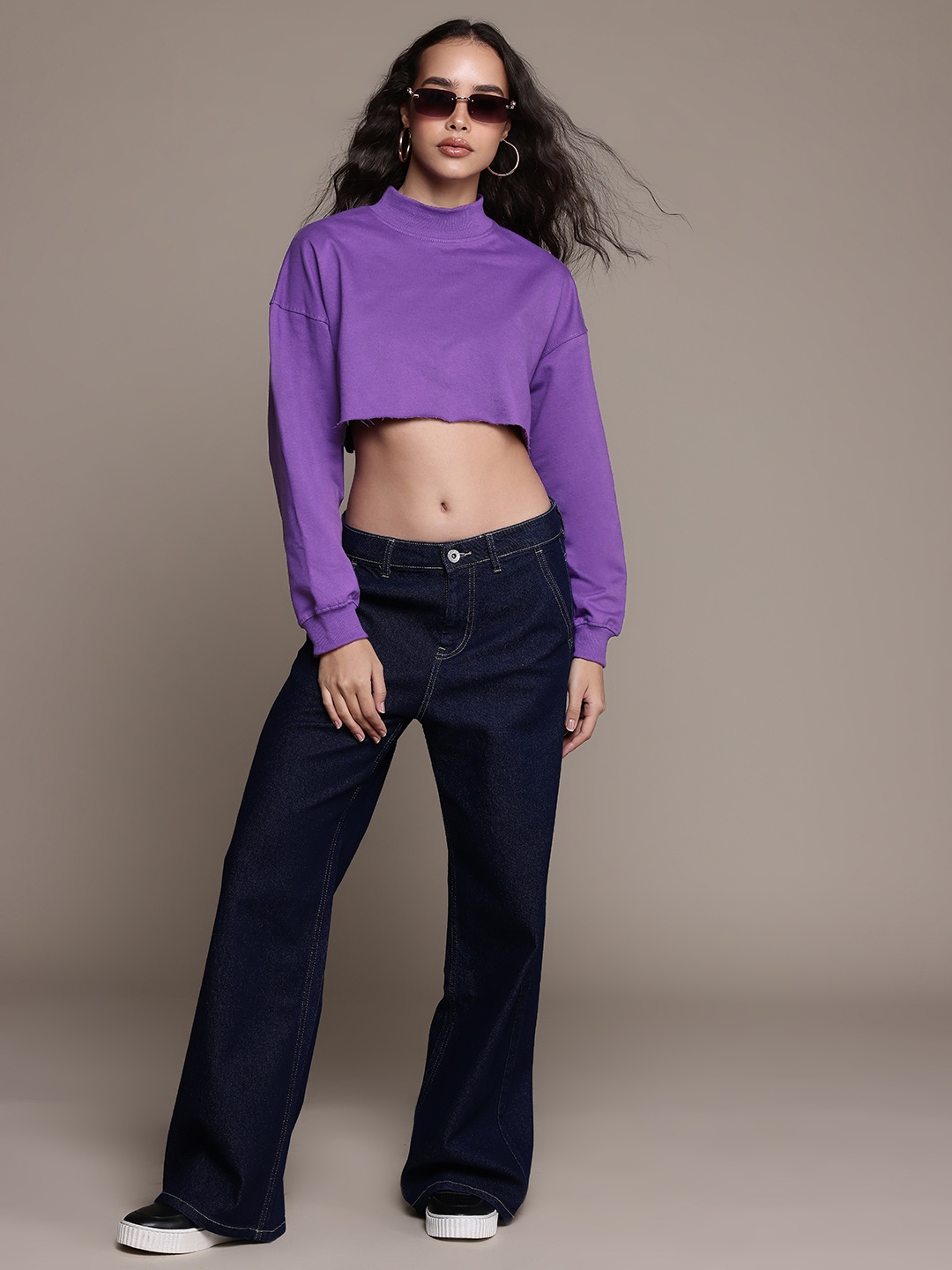 

The Roadster Lifestyle Co. Women High Neck Crop Sweatshirt, Purple