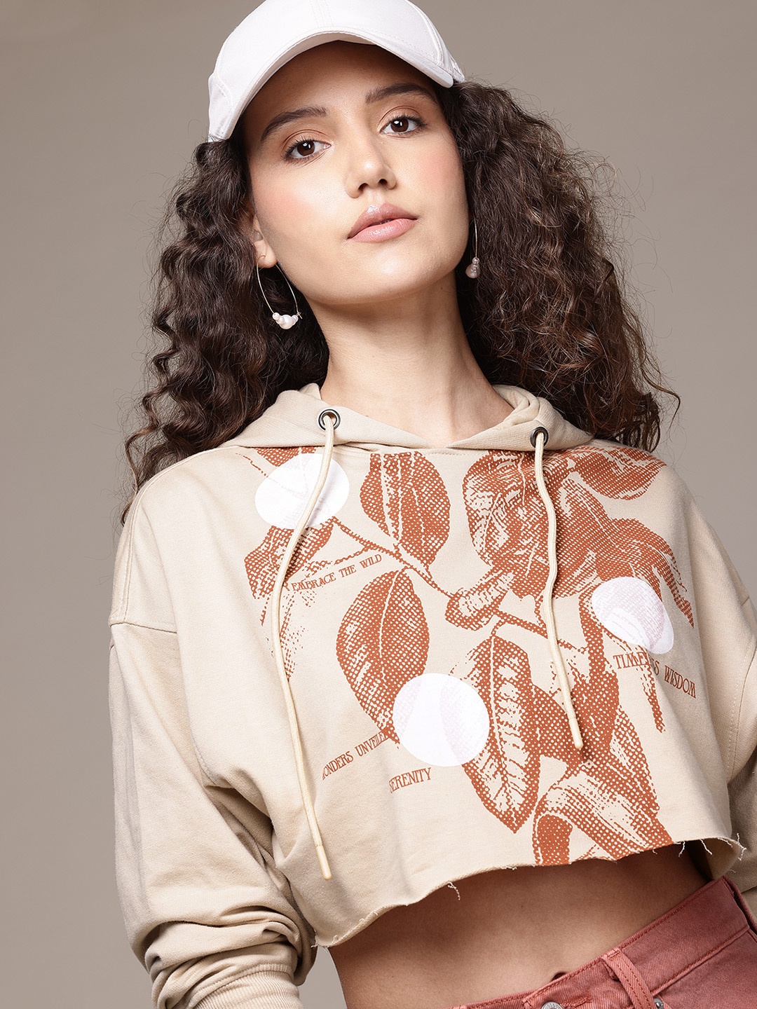 

The Roadster Lifestyle Co. Printed Hooded Crop Sweatshirt, Beige