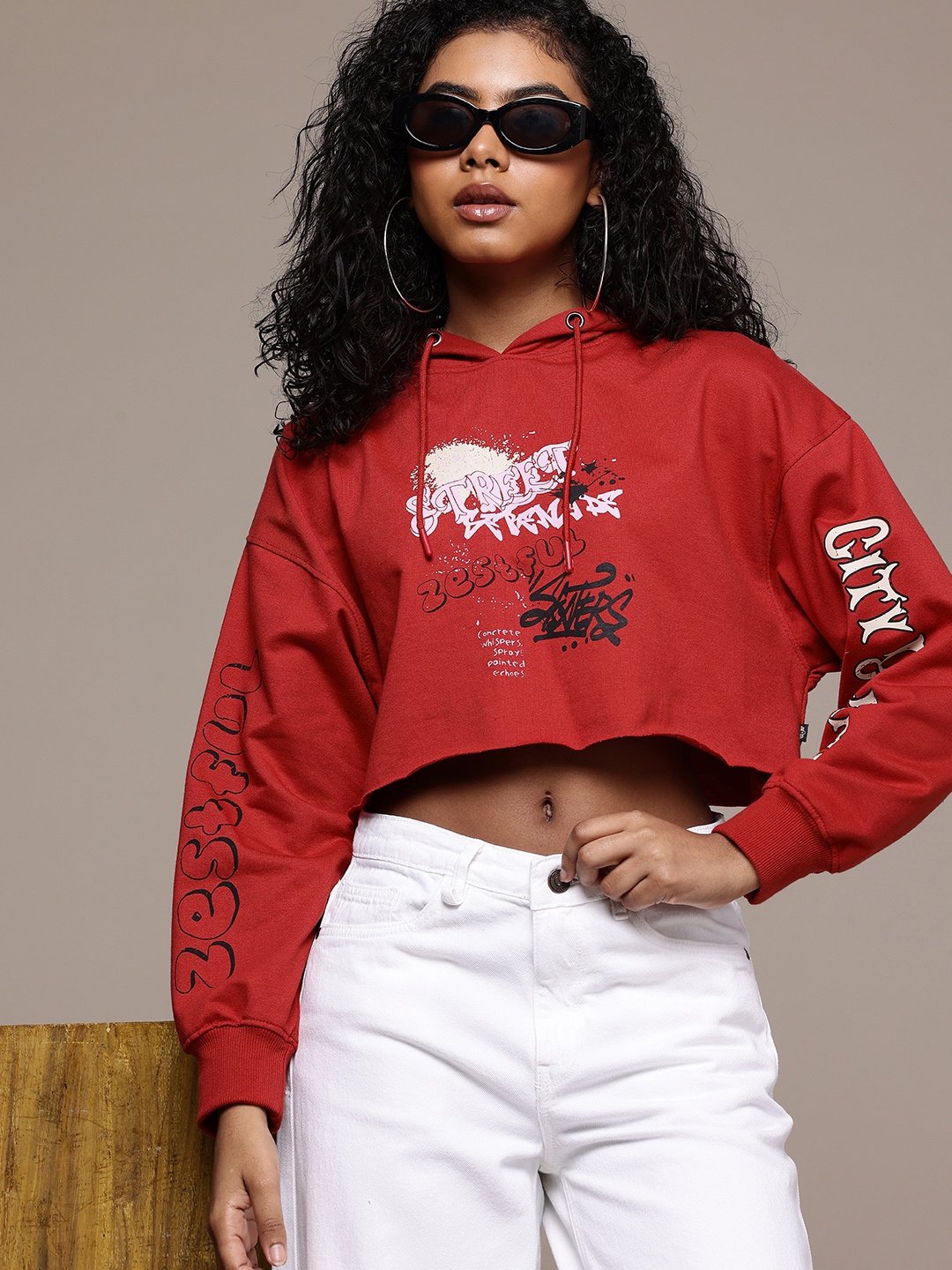 

The Roadster Life Co. Typography Printed Hooded Crop Sweatshirt, Maroon