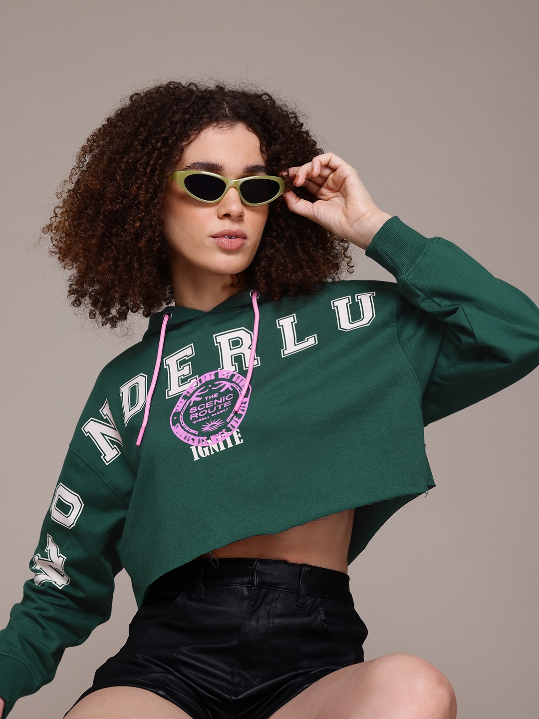 

The Roadster Lifestyle Co. Printed Crop Hooded Sweatshirt, Green