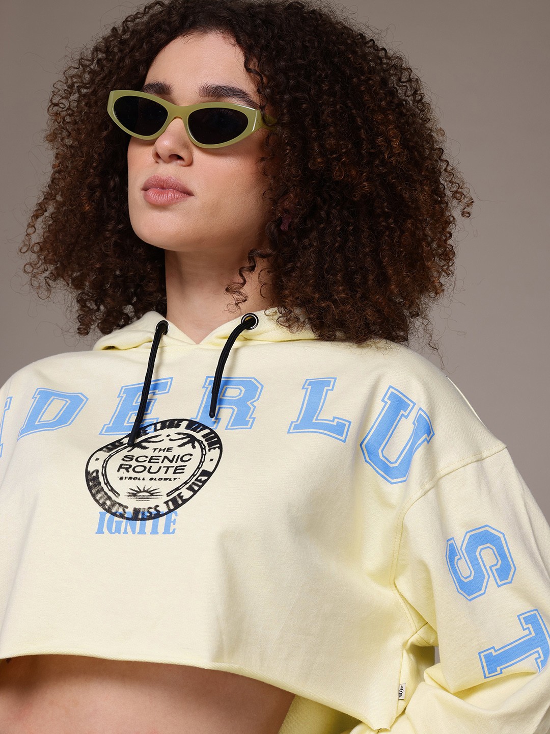 

The Roadster Lifestyle Co. Printed Hooded Crop Sweatshirt, Yellow