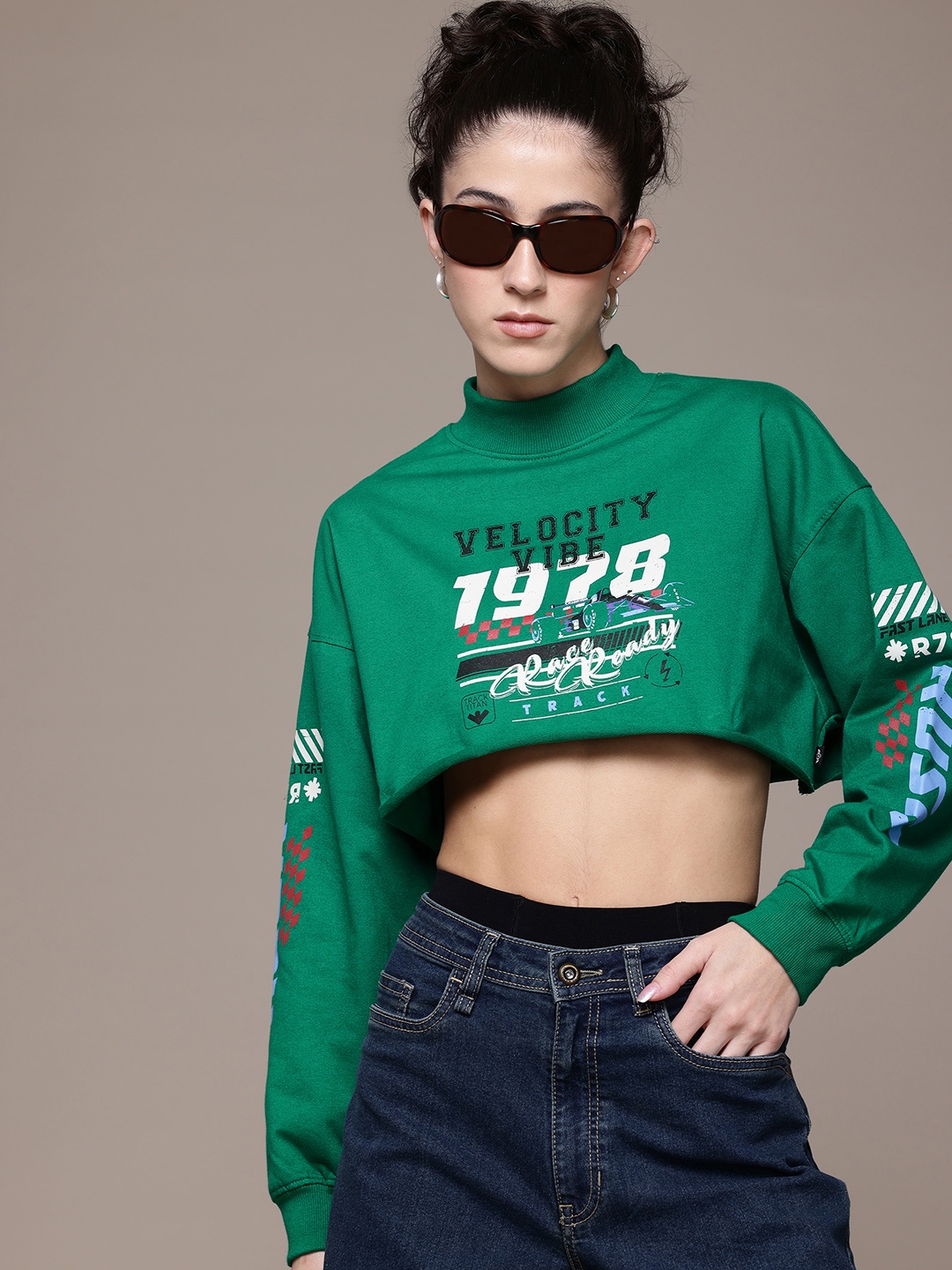 

The Roadster Lifestyle Co. Printed High Neck Crop Sweatshirt, Green
