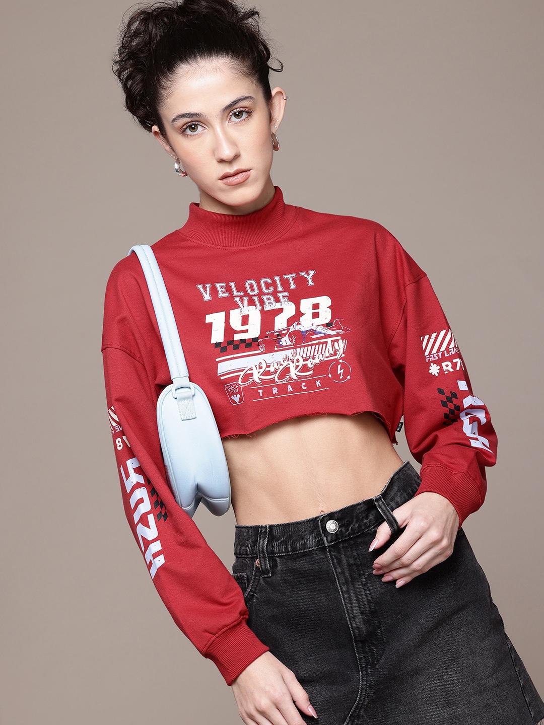 

The Roadster Lifestyle Co. Printed High Neck Crop Sweatshirt, Red