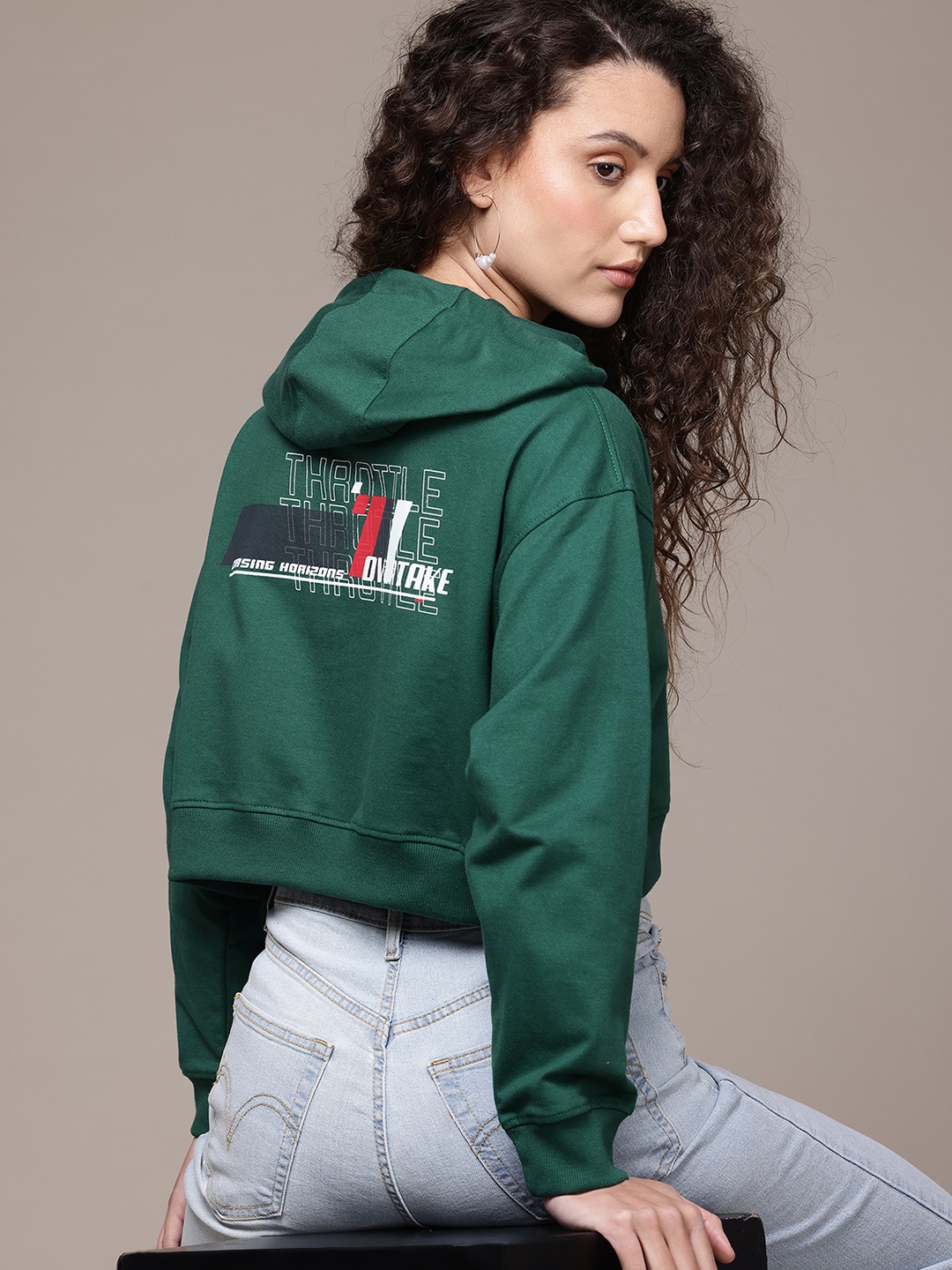 

The Roadster Lifestyle Co. Printed Hooded Crop Sweatshirt, Green