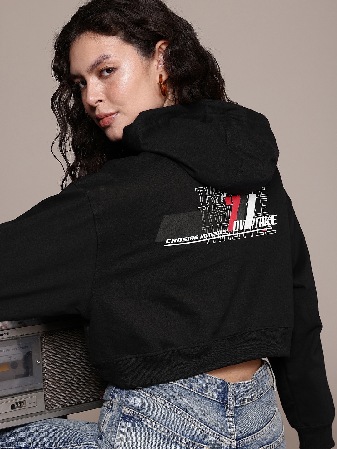 

The Roadster Life Co. Typography Printed Hooded Crop Sweatshirt, Black