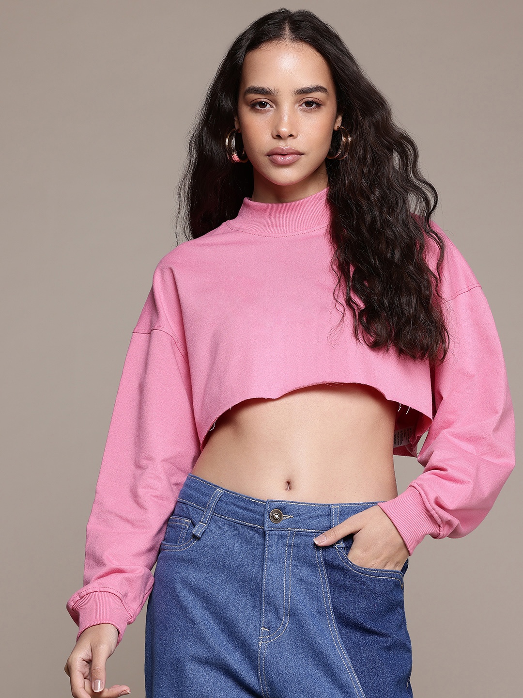

The Roadster Lifestyle Co. High Neck Raw Hem Crop Sweatshirt, Pink