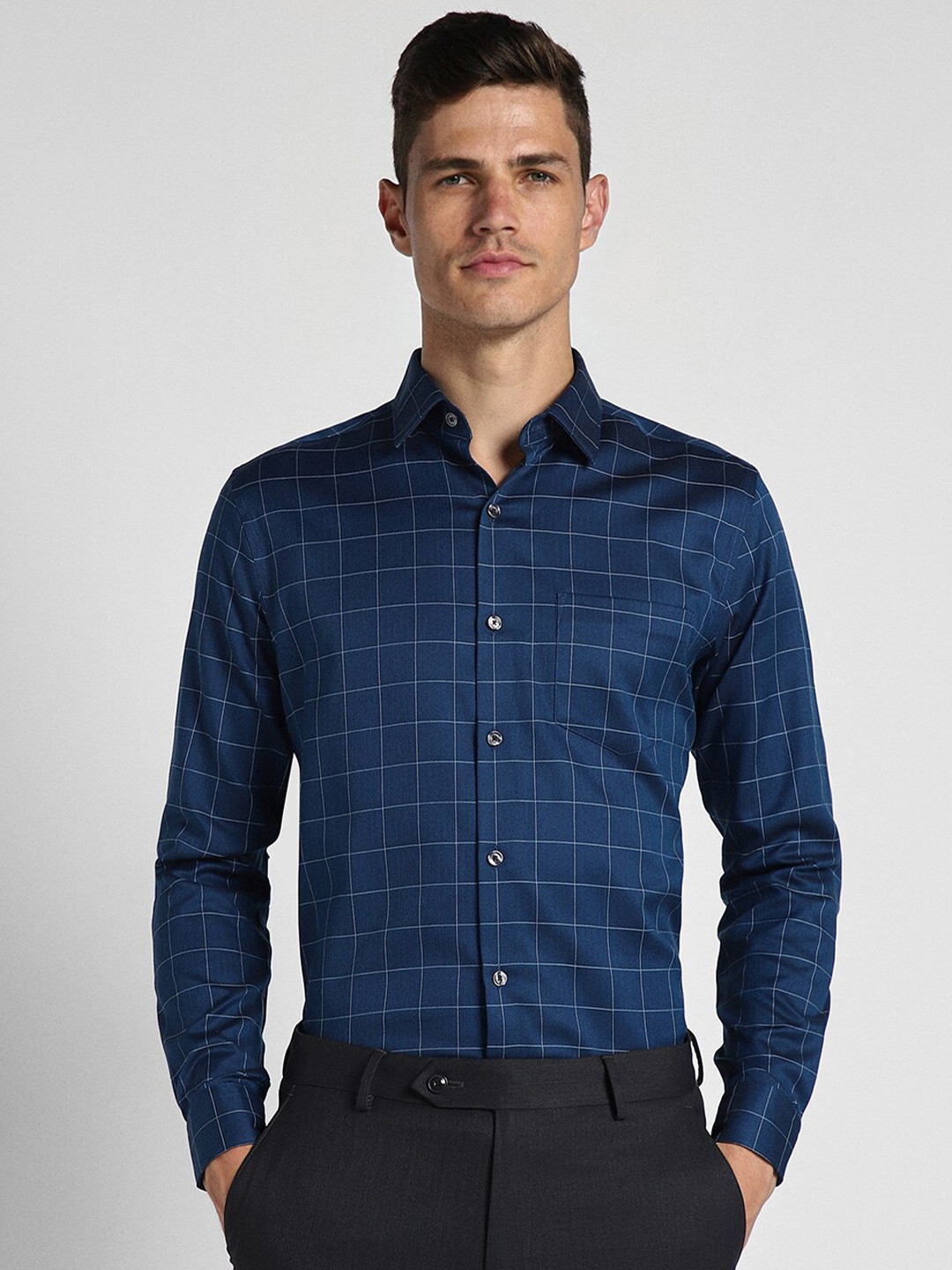 

Peter England Elite Spread Collar Slim Fit Grid Tattersall Checks Opaque Formal Shirt, Blue