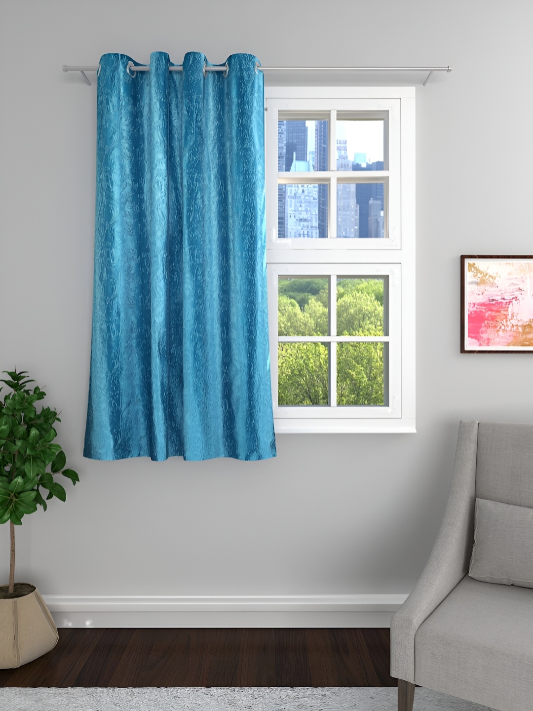 

Aura Turquoise Blue Floral Printed Room Darkening Eyelets Window Curtains