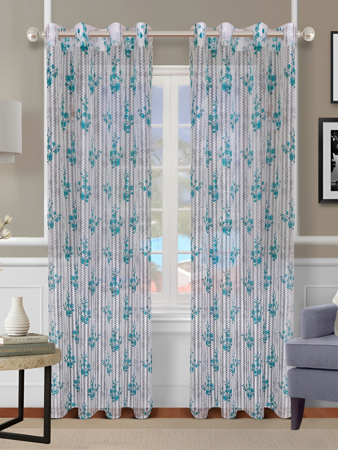 

Aura Turquoise Blue & Grey 2 Pieces Floral Printed Sheer Eyelet Door Curtains