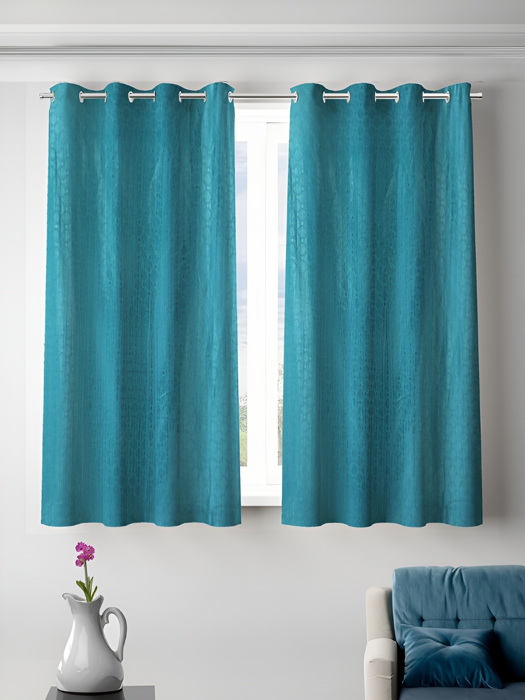 

Aura Turquoise Blue 2 Pieces Floral Printed Room Darkening Eyelets Window Curtains