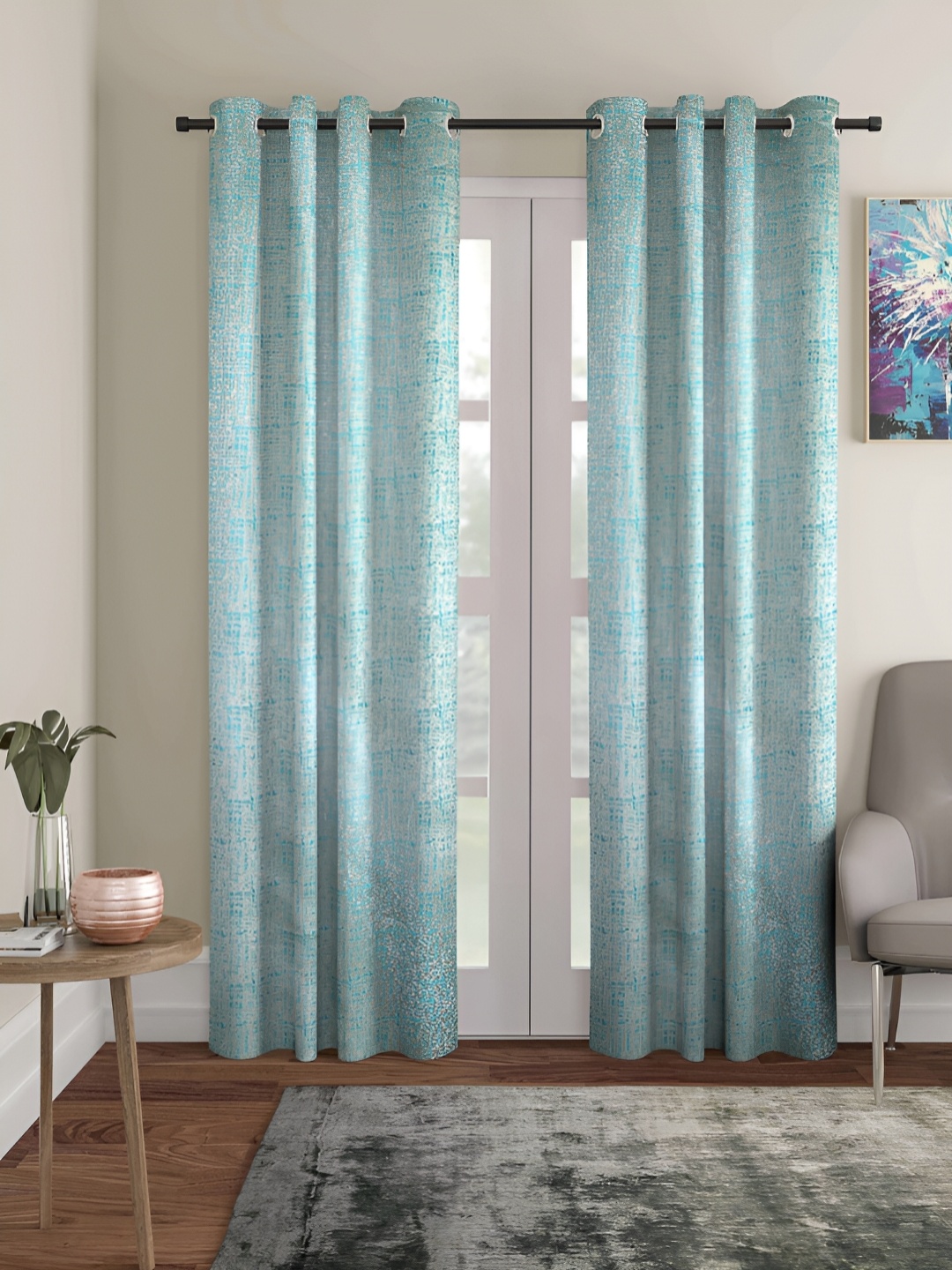 

Aura Turquoise Blue & Silver-Toned 2 Pieces Room Darkening Door Curtains
