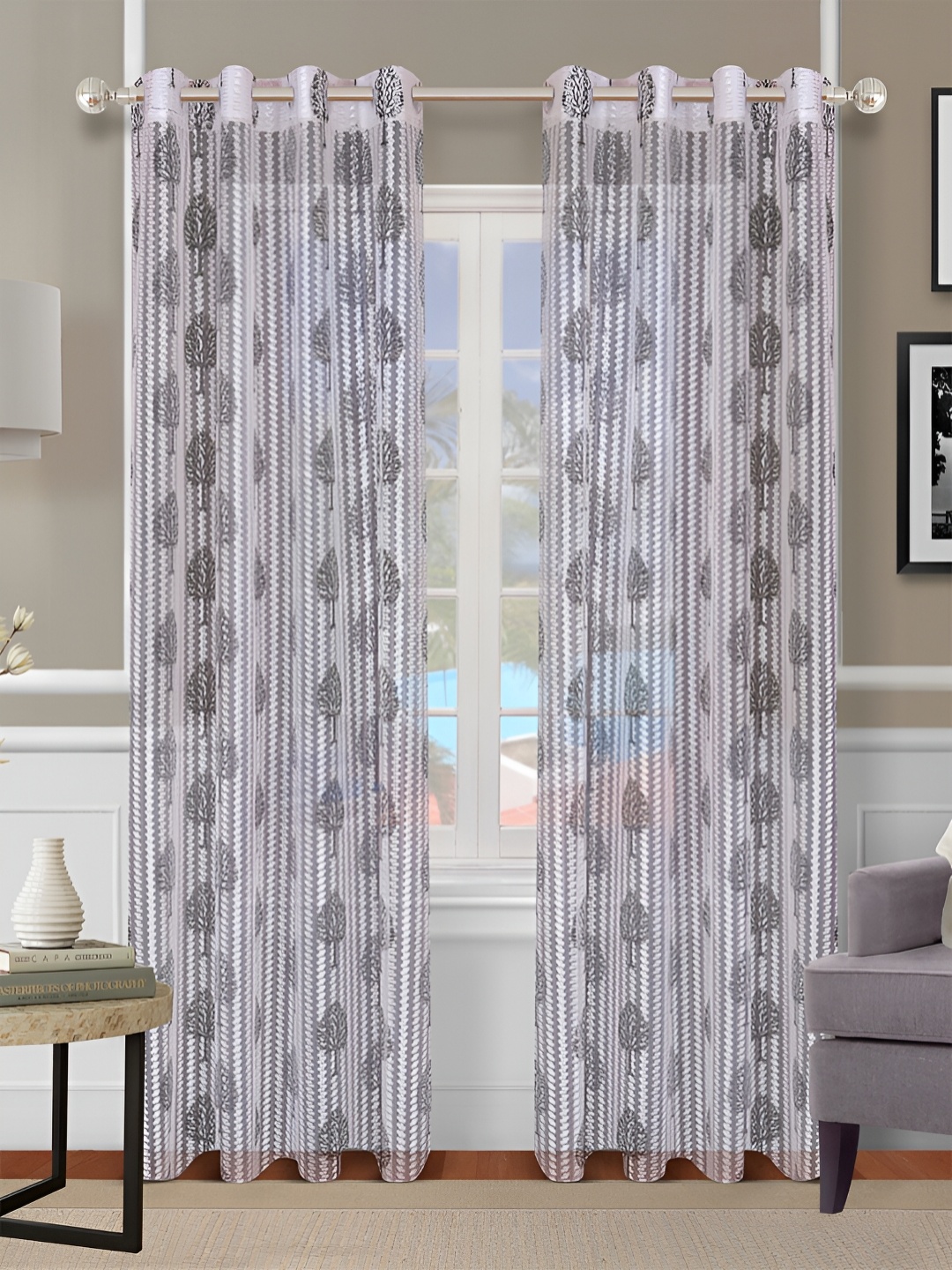 

Aura Off White & Grey 2 Pieces Floral Sheer Long Door Curtains