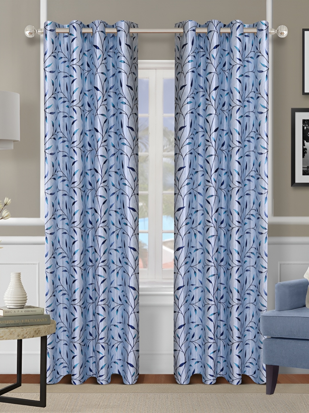 

Aura Blue & Navy Blue 2 Pieces Floral Printed Room Darkening Eyelets Door Curtains