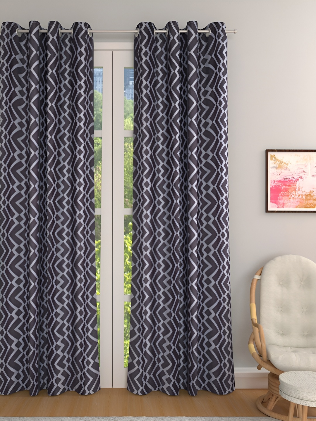 

Aura Brown & White 2 Pieces Geometric Printed Room Darkening Eyelet Door Curtains