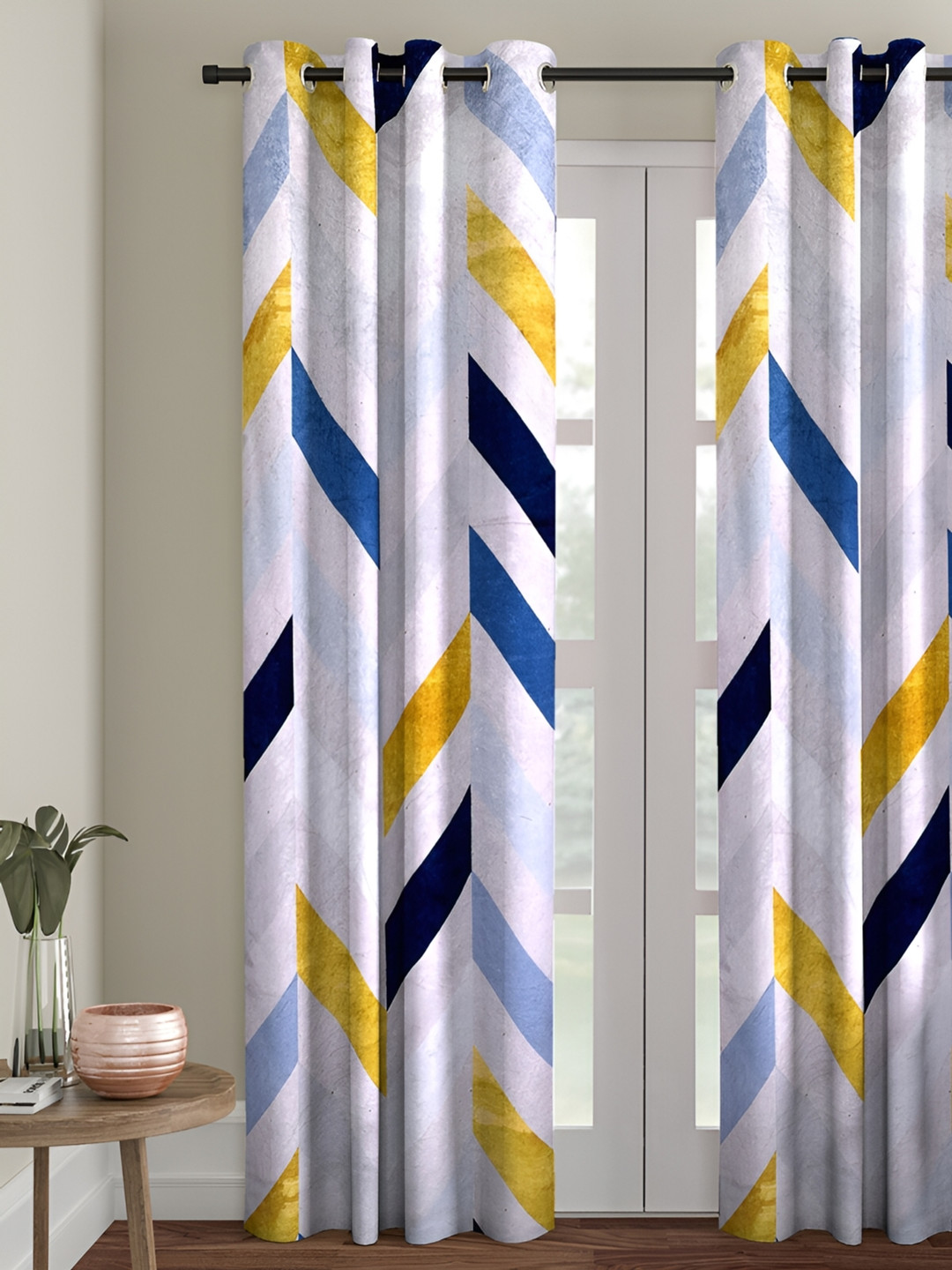 

Aura Blue & Navy Blue Geometric Printed Room Darkening Eyelets Door Curtain