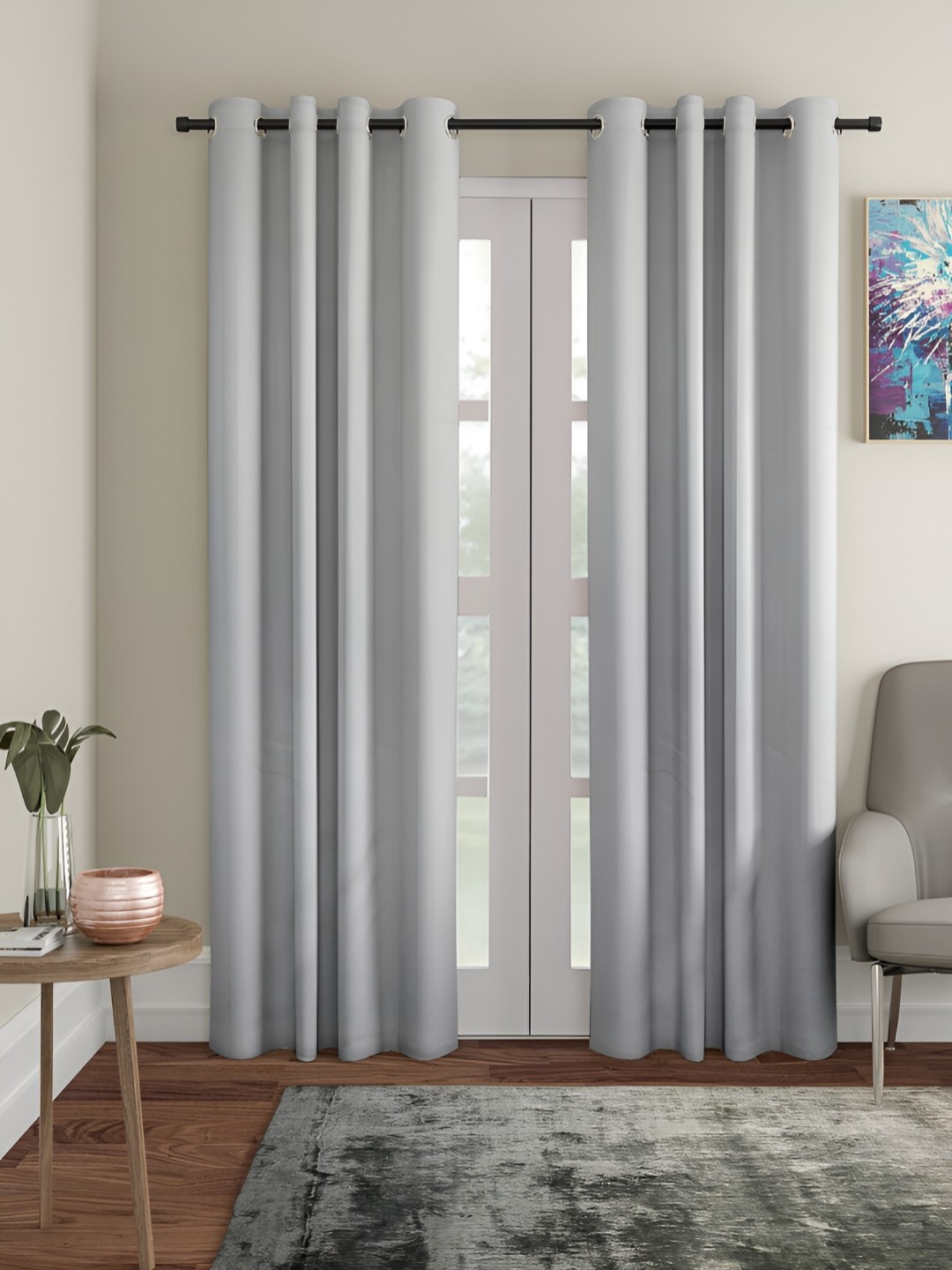 

Aura Silver-Toned 2 Pieces Room Darkening Eyelet Door Curtains