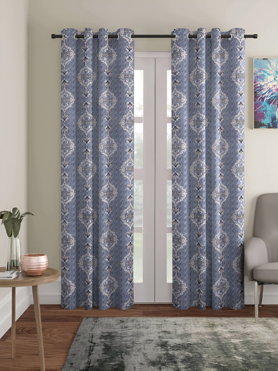 

Aura Blue & White 2 Pieces Ethnic Motifs Jacquard Room Darkening Door Curtains