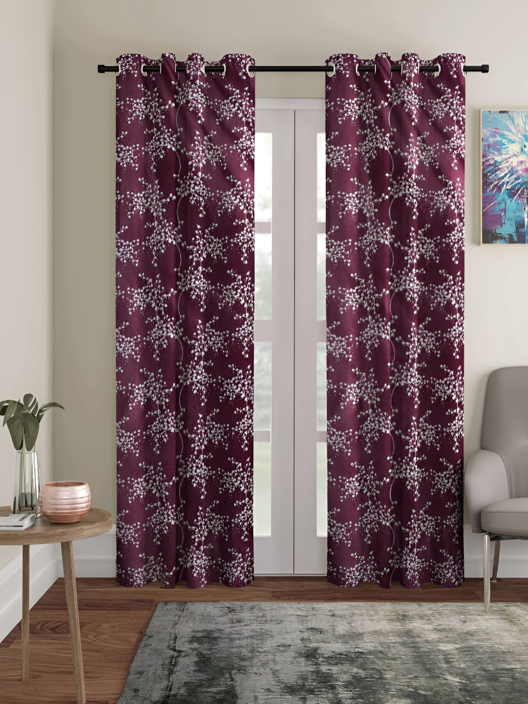 

Aura Purple & White 2 Pieces Floral Room Darkening Long Door Curtains