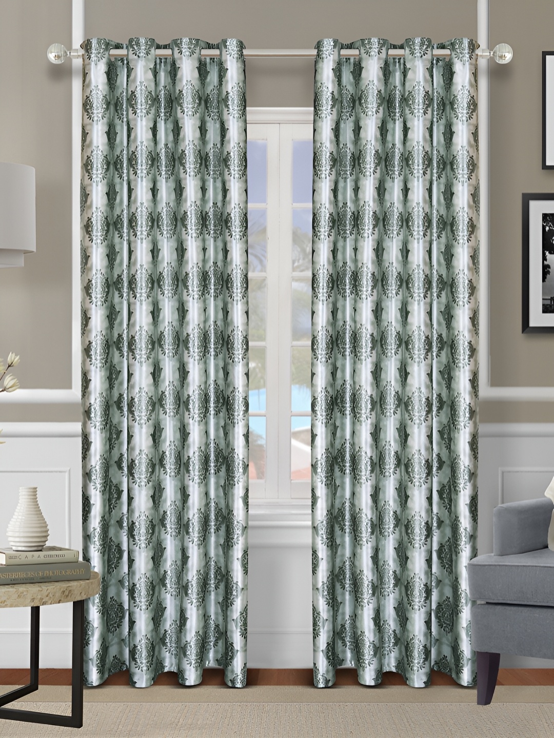 

Aura Teal & White 2 Pieces Ethnic Motifs Printed Room Darkening Eyelet Long Door Curtains