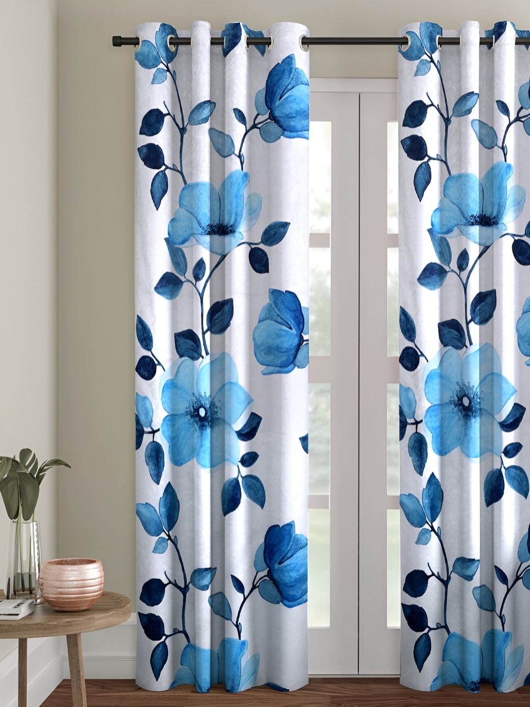 

Aura White & Blue 2 Pieces Floral Room Darkening Door Curtains